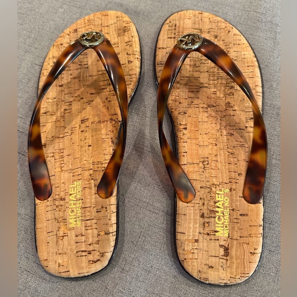 Michael Kors Tortoiseshell Cork-Style Logo Thong Sandals